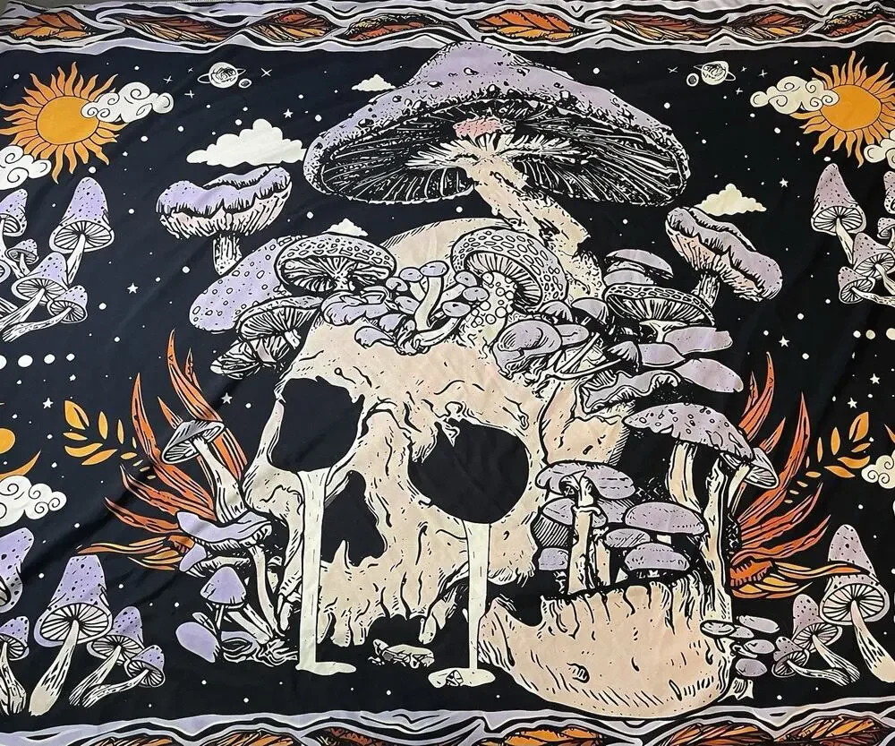 Psychedelic Mushroom Tapestry Black Celestial Sun Moon Stars Trippy Wall Hanging